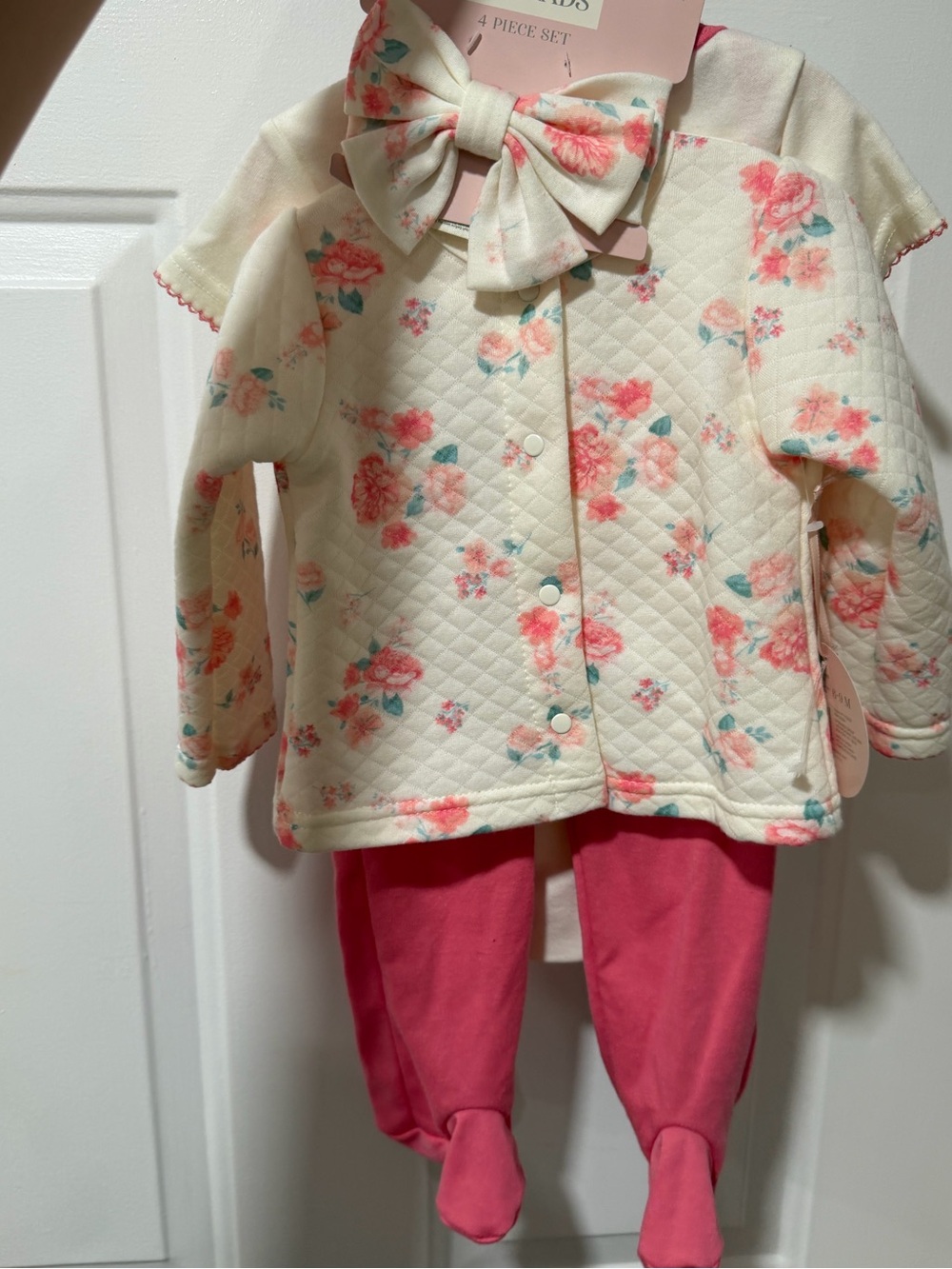 Quilted Floral Baby Jacket and Bow Set in Cream and Pink